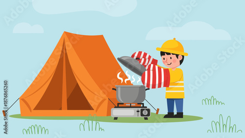 Cartoon Illustration Of Happy Camper Cooking Outdoors In Nature Landscape