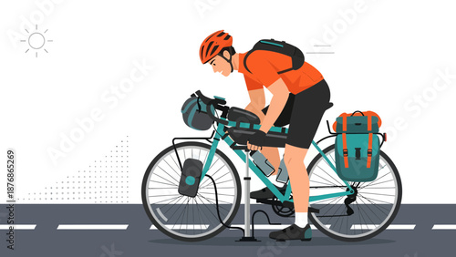 Cartoon Illustration Of Man Pumping Air Into Bicycle Tire During Bikepacking