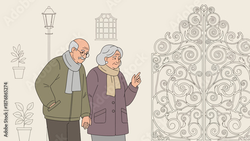 Charming Old Couple Admiring Ornamented Iron Gate In European City With Classic Architecture