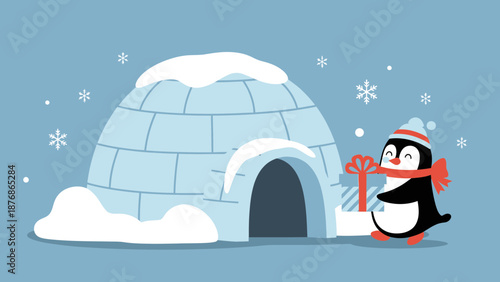 Charming Penguin Delivering Gifts Near A Cozy Igloo On A Snowy Winter Day