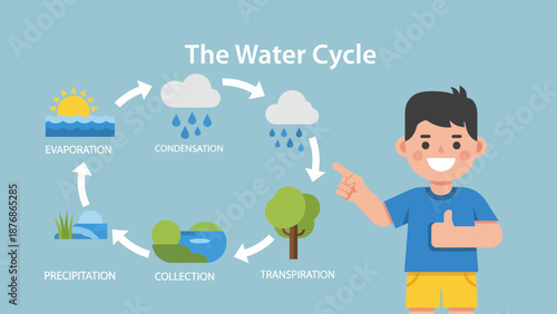Cartoon Illustration Of Water Cycle With A Boy Explaining The Process