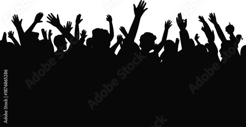 Silhouettes of a crowd with raised hands against a white background black