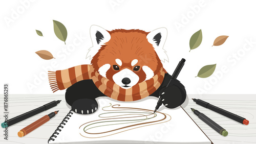 Charming Red Panda Illustrator Wearing Scarf Drawing on Sketchbook with Markers