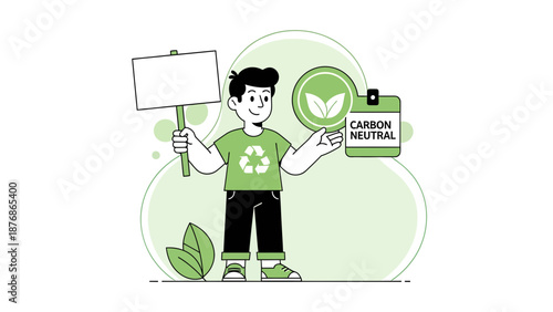 Cartoon Man Promoting Environmental Sustainability with Blank Sign and Carbon Neutrality