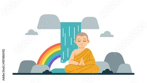 Cartoon Monk Meditating By Waterfall Landscape With Rainbow and Clouds