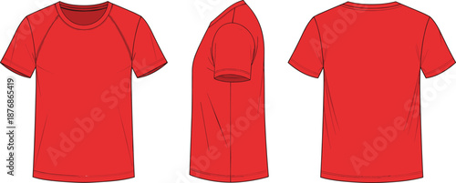 Red sports t-shirt technical front side back views apparel template for fashion production cad drawing flat vector illustration