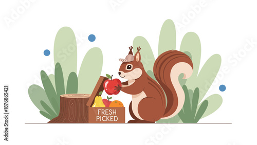 Charming Squirrel With Hat Holding Apple From Fresh Harvest Box In The Garden