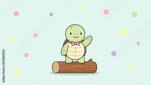 Charming Turtle Illustration With Bow Tie Standing On Log In A Pastel Setting