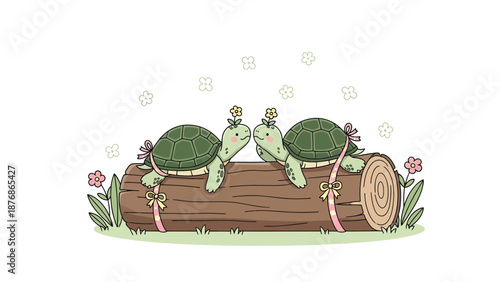 Charming Turtle Couple Resting On Log With Flowers And Ribbons Illustration