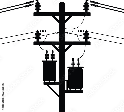 Black and white of an electrical power pole with transformers and insulators 1