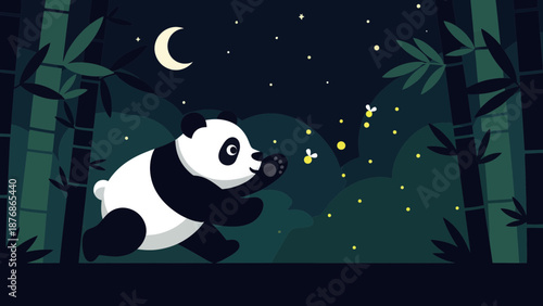 Cartoon Panda Chasing Fireflies At Night Under The Moonlight Illustration