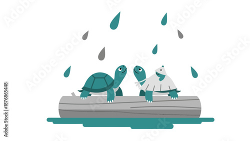 Charming Turtles Embracing Rainy Weather Sitting On A Wooden Trunk Graphic