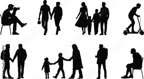 Silhouettes of people engaging in various activities including sitting, walking, and riding a scooter