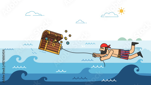 Cartoon Pirate Swimming And Pulling A Treasure Chest Through The Ocean Waves
