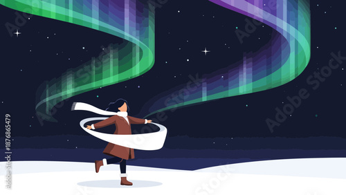 Chasing Aurora Borealis Under A Starry Sky Winter Night Scenery