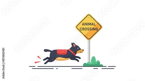 Cartoon Running Dog Illustration Near An Animal Crossing Sign On White Background