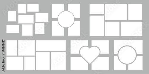 Set of rectangle and love , round collage for photo wall mood board template. collage for photos with picture frame in bento grid system.
