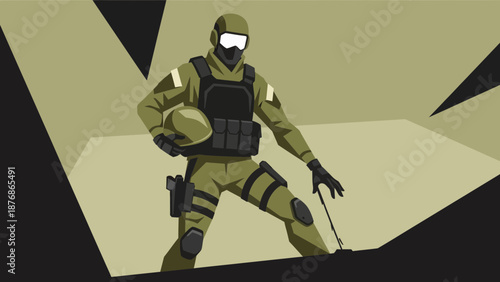 Cartoon Military Soldier In Combat Uniform Preparing For Action Operation