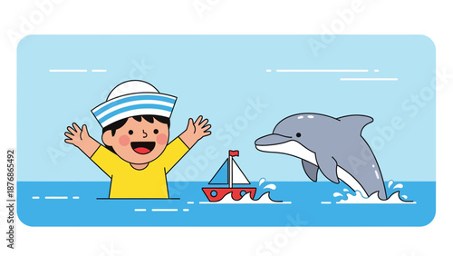 Cartoon Scene Depicting Happy Boy Waving at Dolphin with Boat on Calm Sea
