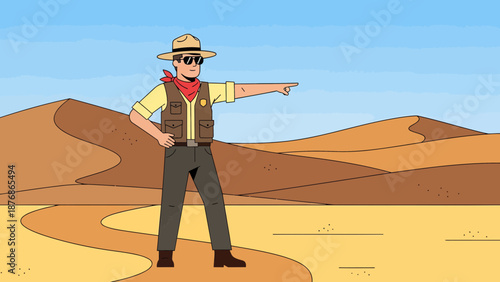 Cartoon Ranger Pointing Direction Across Scenic Desert Landscape Illustration