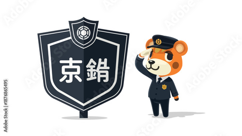 Cartoon Police Animal Character Saluting Next To A Sign With Japanese Text