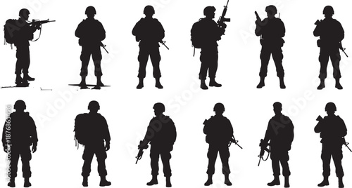 Vector illustration of a business people silhouettes group featuring a professional team of men and women walking alongside a family with a child and businessman standing in black outline art