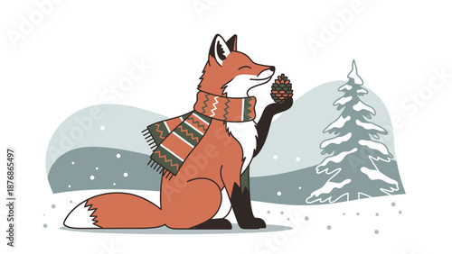 Charming Winter Fox Holding Pinecone Surrounded By Snowing Forest Illustration
