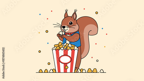 Cartoon Squirrel Enjoys A Movie With Popcorn Snack Illustration Vector Design