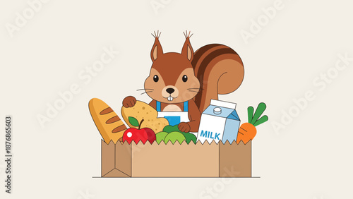 Cartoon Squirrel Grocery Shopping With Fresh Bread Apple Milk And Carrot