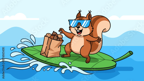Cartoon Squirrel Floating On A Leaf With A Bag Full Of Acorns