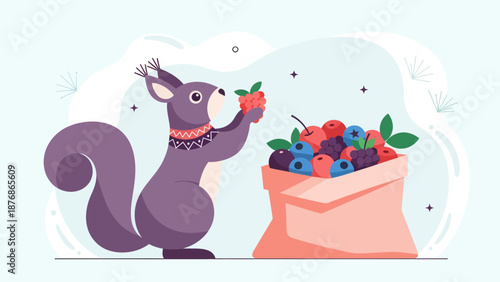 Cartoon Squirrel Gathering Fresh Forest Fruits in Colorful Vector Illustration