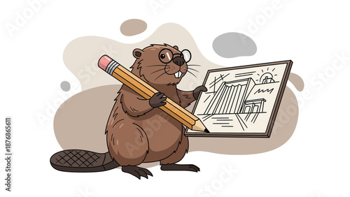 Cheerful Beaver Architect Presenting A Dam Blueprint With A Pencil In Hand