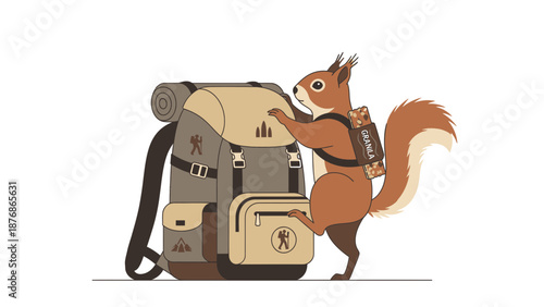 Cartoon Squirrel Planning a Hike With Backpack and Granola Bar Ready