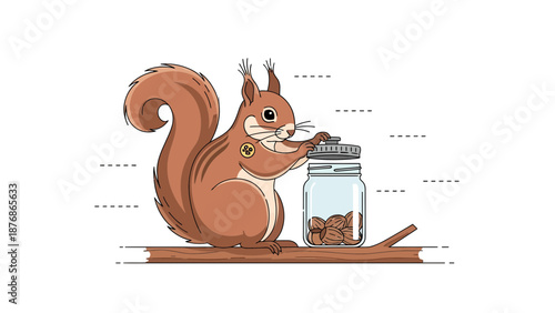 Cartoon Squirrel Opening A Jar Full Of Nuts Sitting On A Tree Branch