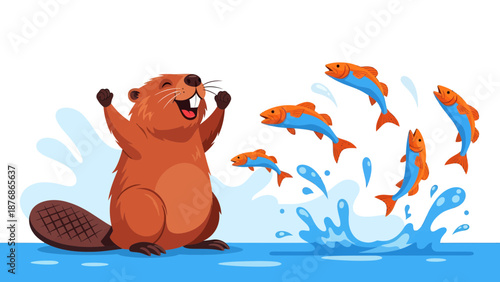 Cheerful Beaver Rejoices While Watching Fish Jumping Out Of The Water