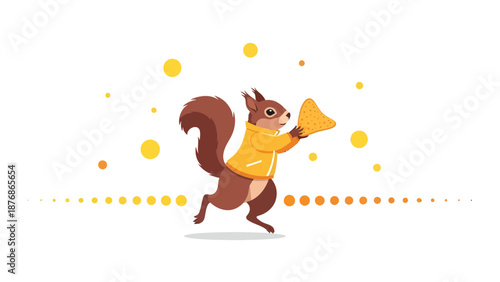 Cartoon Squirrel Wearing Yellow Jacket Carrying A Big Triangle Chip Illustration