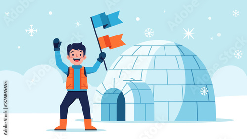 Cheerful Boy Celebrating Winter Expedition Success Near Igloo With Flags Illustration
