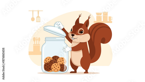 Cartoon Squirrel Stealing Cookies From A Jar In The Kitchen Back Ground