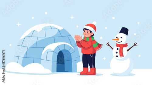 Cheerful Boy In Winter Clothing Enjoying The Snow With Igloo And Snowman