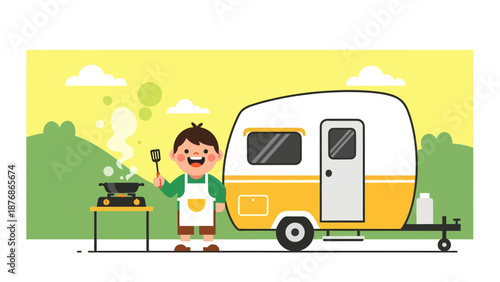 Cheerful Boy Cooking At Campsite Near Trailer During Vacation Adventure Holiday