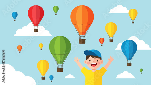 Cheerful Boy Joyfully Watches Hot Air Balloons Floating Through Cloudy Sky