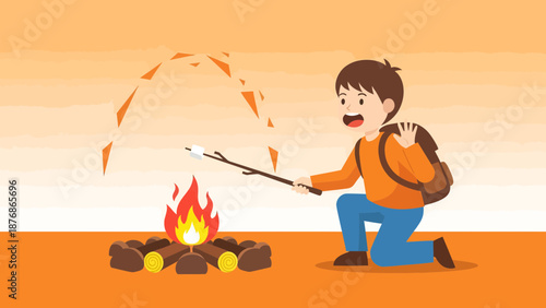 Cheerful Boy Roasting Marshmallow Over Campfire, Enjoying Outdoor Activities at Campsite