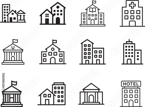 Building outline icons set featuring residential and public architecture for UI, maps and web design.