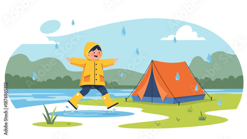 Cheerful Child Playing in Rain Puddles While Camping During a Rainy Day