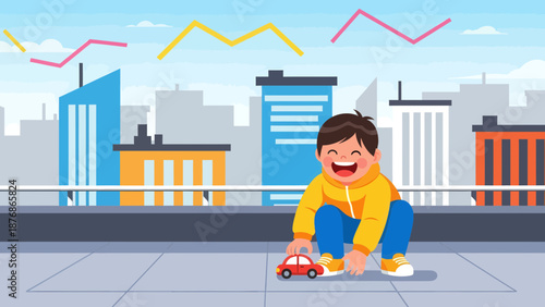 Cheerful Childhood Urban Joyful Boy Playing with Toy Car on City Rooftop