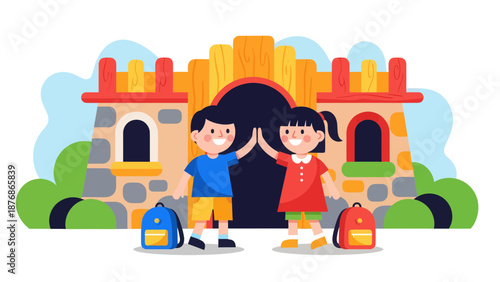 Cheerful Children Celebrating Together Before School With a High Five In Front of Building
