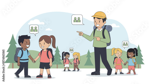 Cheerful Children Explore The Outdoors With Their Tour Guide Cartoon Illustration