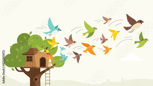 Cheerful Colorful Birdhouse Scene With Birds Flying Away Illustration Graphic