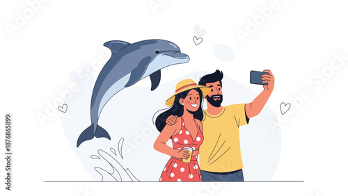 Cheerful Couple Capturing Unforgettable Moments with Dolphin on Tropical Vacation