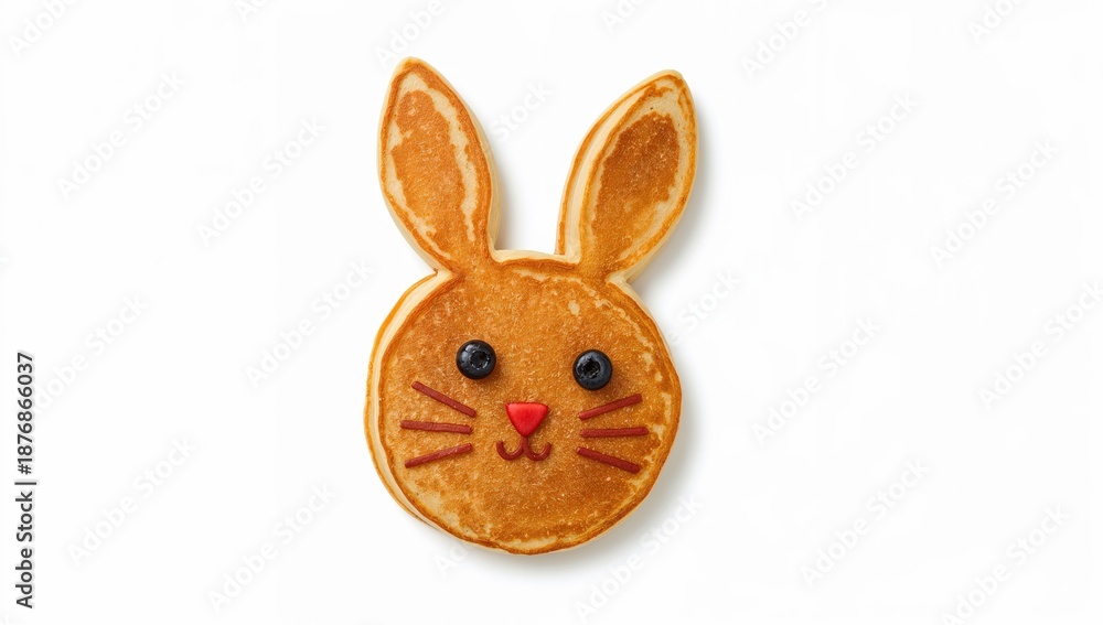 Fototapeta premium Cute bunny pancake breakfast with strawberry ears and blueberry eyes on white background for kids and easter brunch ideas
